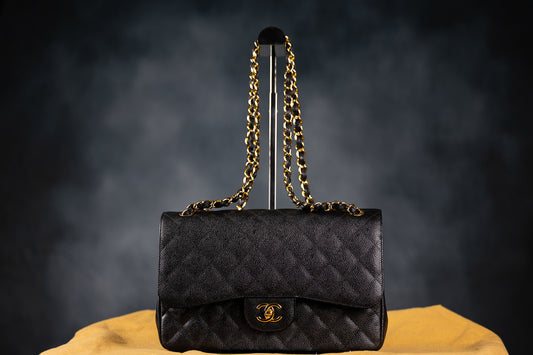 Chanel Classic Double Flap Jumbo Handbag in black Caviar leather