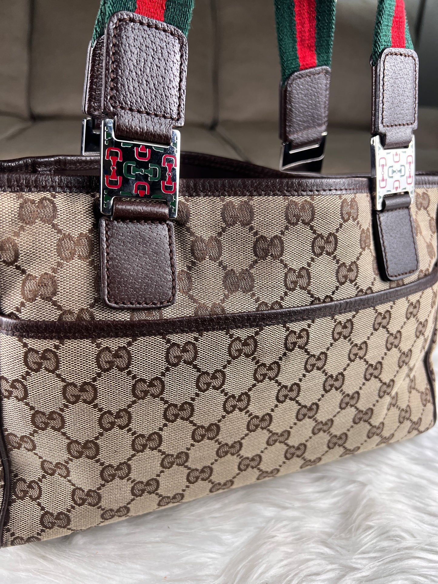 GUCCI SHERYY LINE TOTE BROWN CANVAS SMALL