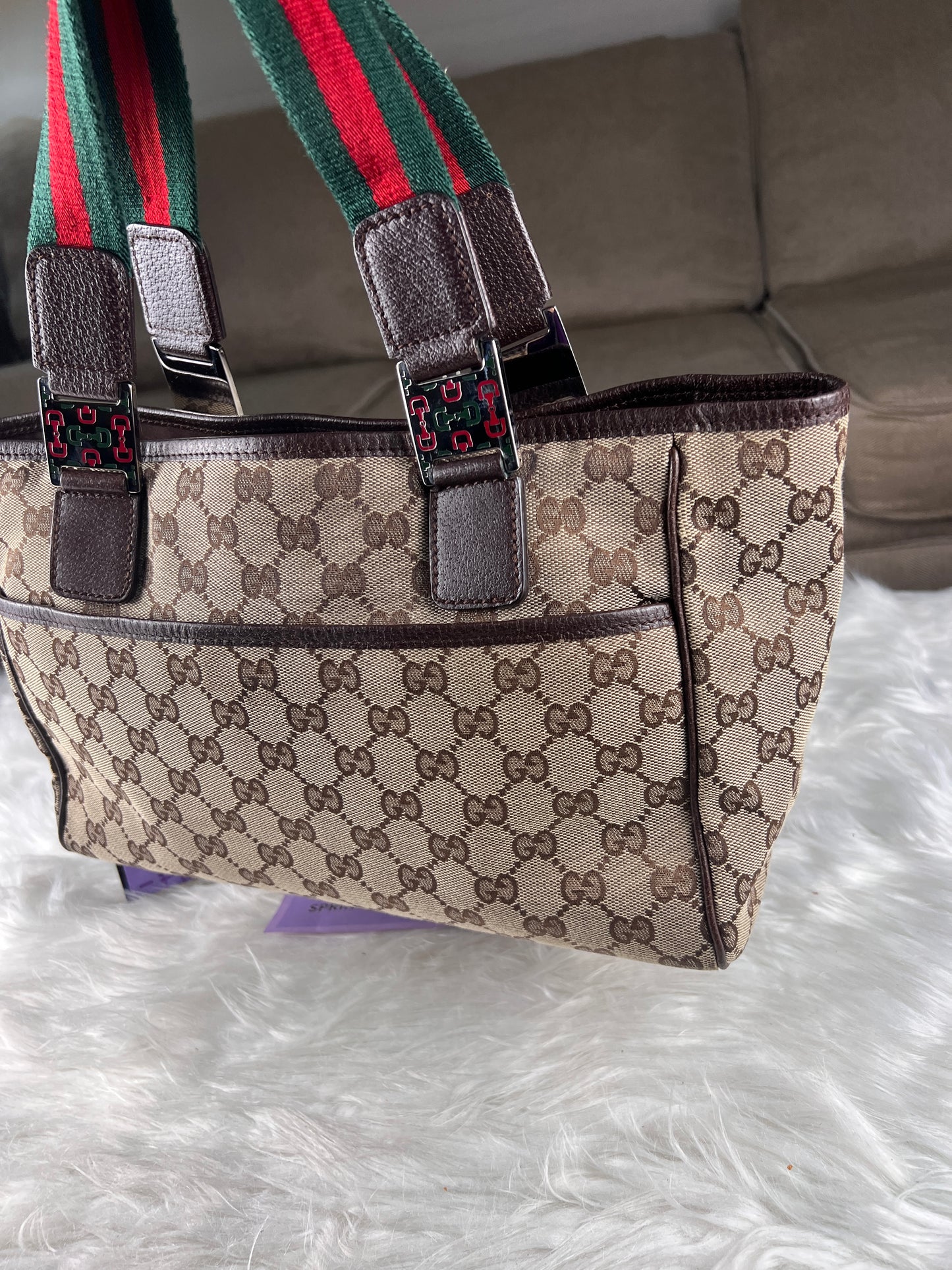 GUCCI SHERYY LINE TOTE BROWN CANVAS SMALL